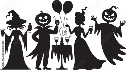 Halloween Party Silhouettes Witch Pumpkin Ghost Drinks Vector Art Festive Design