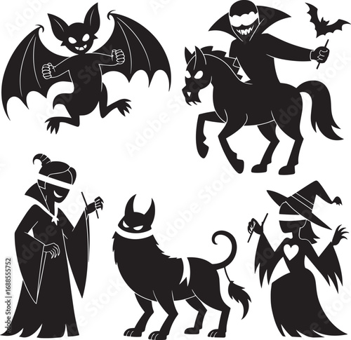 Halloween Silhouettes of Bat, Vampire on Horse, Blinded Lady, Devil Dog, and Witch