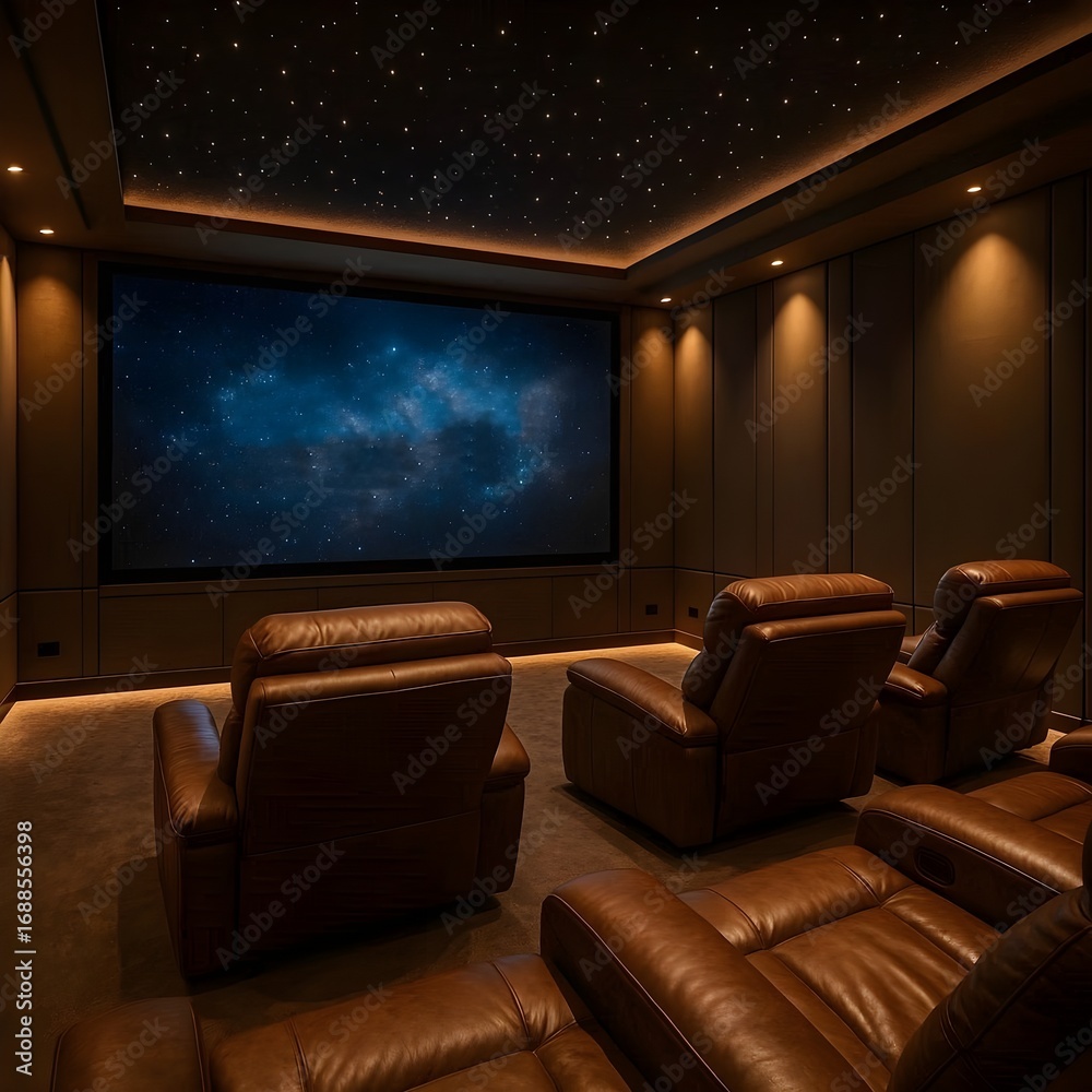 Fototapeta premium Luxurious Home Movie Theater with Leather Recliners and Starry Night Ceiling