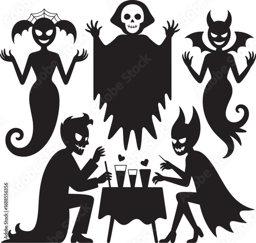 Silhouette Halloween Characters Gathering Around Table for Brew, Ghost, Devil, and Witch