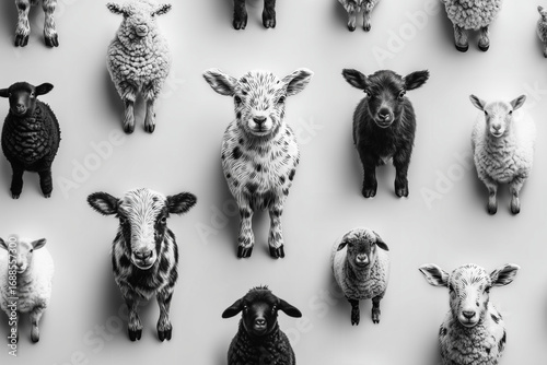 Black and white artistic portrait of lambs and sheep in minimal background.
