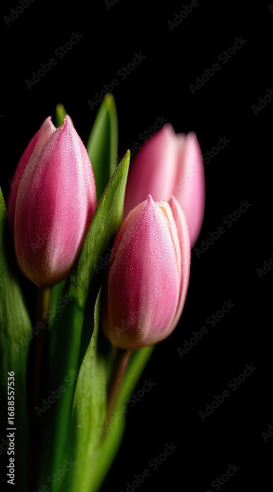 Fototapeta premium Close-up of three pink tulip buds with green leaves against a stark black background, showcasing soft lighting and delicate flower petals