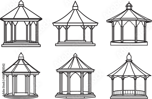 set of gazebo outline vector illustration line art