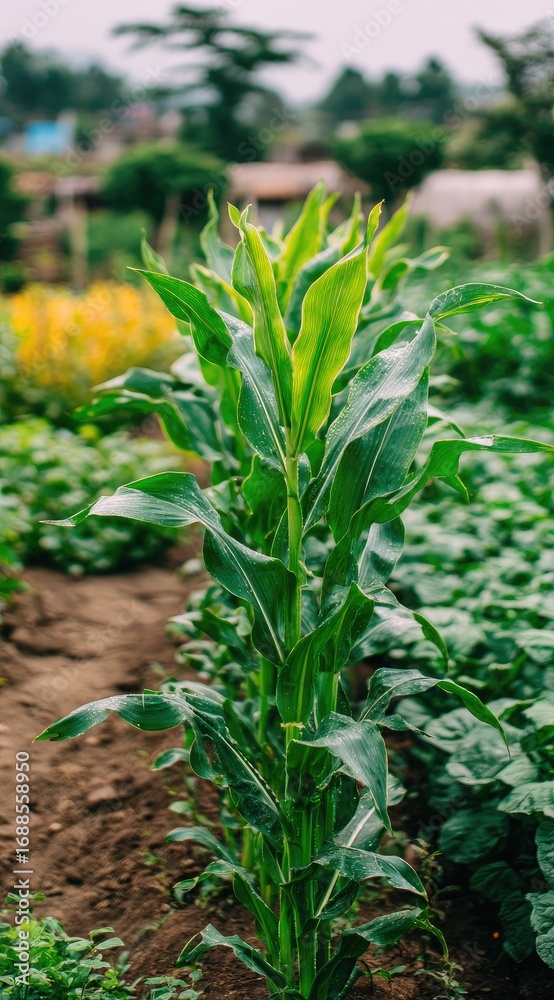 Obraz premium Tall, slender corn stalk rising above a garden row of leafy plants, blurred green trees and buildings in distance, on a muted cloudy day