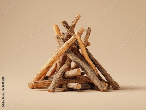 A meticulously arranged pile of small, weathered twigs and branches, forming a miniature, conical bonfire shape against a muted beige background