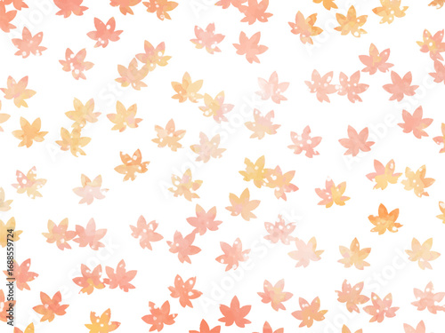 モミジの紅葉イメージの背景素材。水彩風テクスチャー。葉っぱのシルエット。やさしい色調。光の粒子や水滴の輝き。