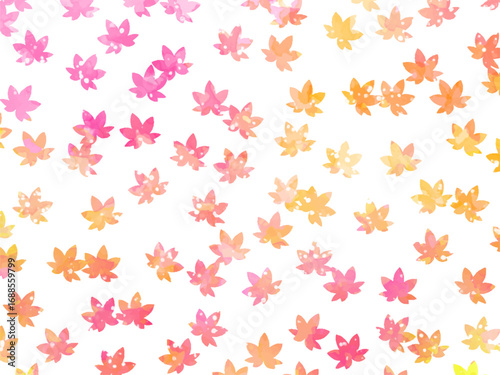 モミジの紅葉イメージの背景素材。水彩風テクスチャー。葉っぱのシルエット。かわいい色調。光の粒子や水滴の輝き。