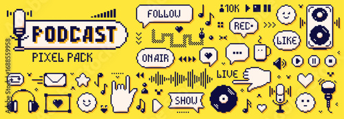 Pack with 8 bit Y2K pixel podcast elements on yellow background. 