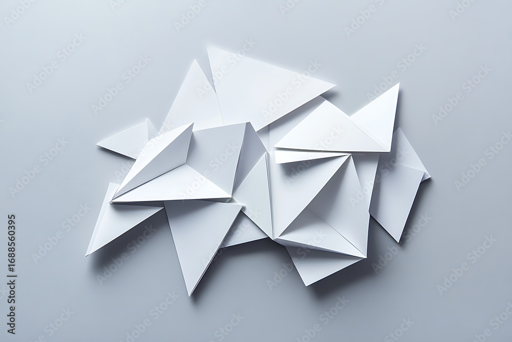Obraz premium A minimalist composition featuring folded white paper triangles arranged in a geometric pattern on a neutral background, creating a modern and elegant design.