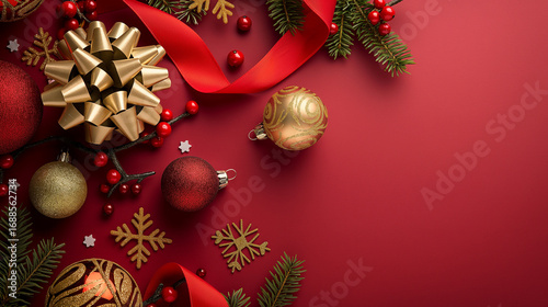 Flat lay Christmas background with golden baubles, snowflakes, red ribbon, festive composition.