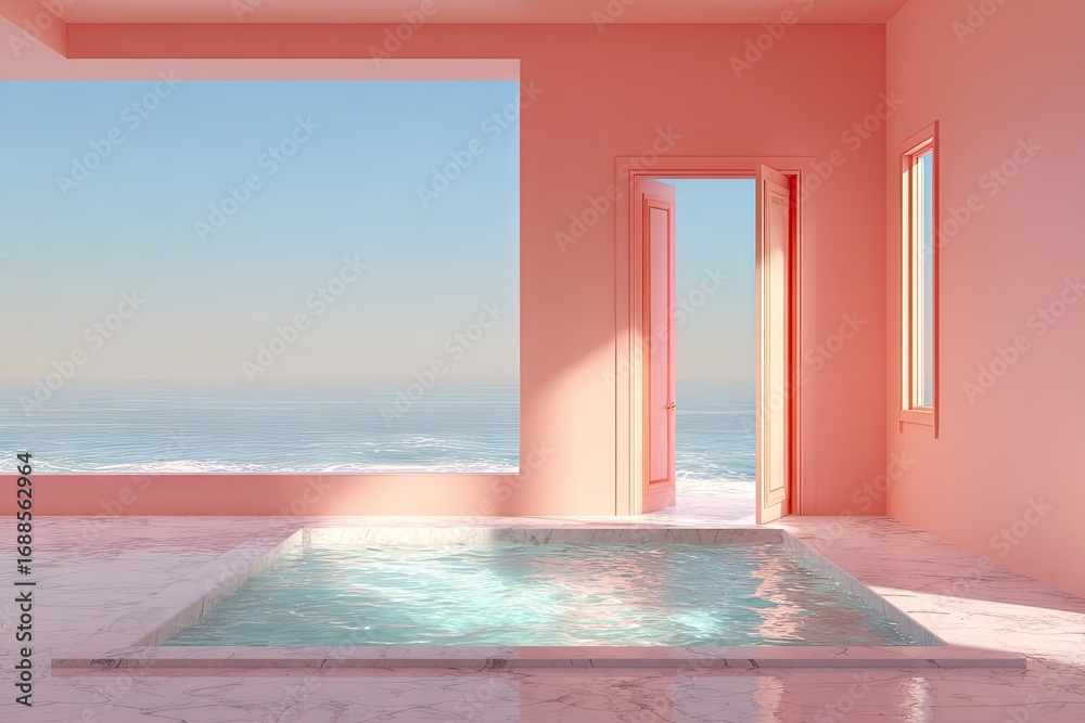 Fototapeta premium A minimalist, coral-pink room with a built-in, light-blue water feature on a marble floor, showcasing ocean views through large windows and an open doorway