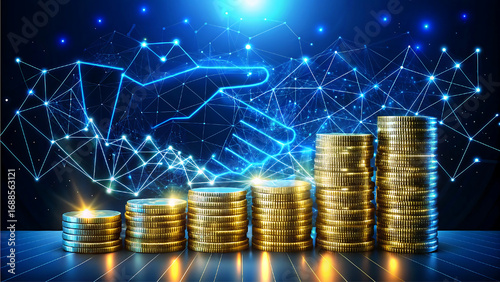 Global digital finance network connects growing stacks of golden coins and handshake white background
