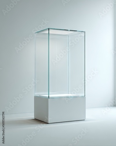 A minimalist, empty glass display case with a white base sits on a light grey floor against a bright white wall.  The case is cube-shaped and internally lit