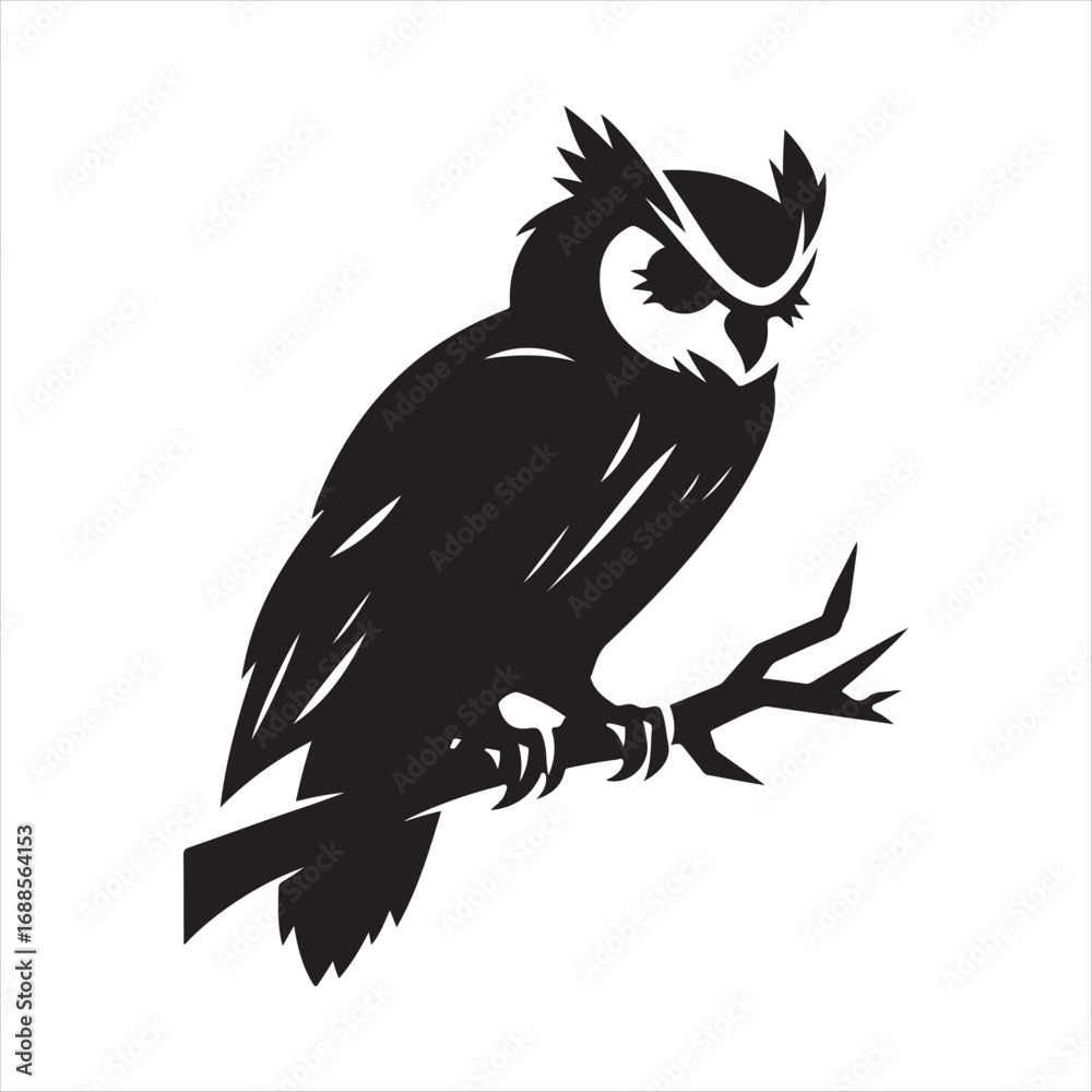 Obraz premium Elegant black silhouette of a wise owl perched on a tree branch, a minimalist vector graphic icon isolated on a white background