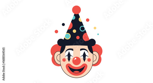 A cheerful clown wearing a colorful party hat and makeup smiling brightly