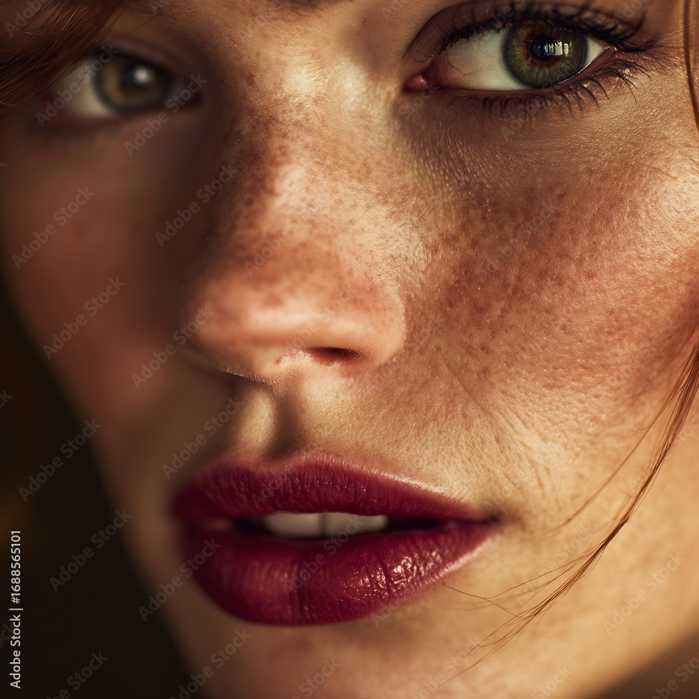 Naklejka premium Close up shot of a woman's face with freckles and dark red lipstick looking at the camera intensely