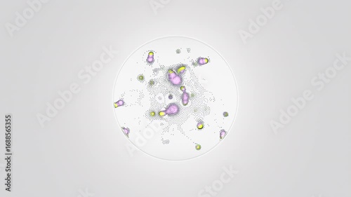 Pastel yellow-violet bacterial colonies spread across a sterile petri dish, illustrating microbial growth and cellular division for modern microbiology research.