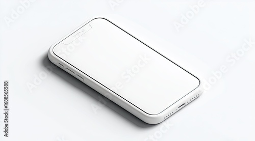 A minimalist, off-white smartphone with rounded edges and a subtle, thin, contrasting frame rests on a bright white background, casting a slight shadow