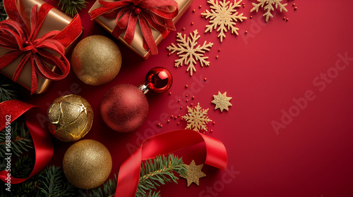 Flat lay Christmas background with golden baubles, snowflakes, red ribbon, festive composition.