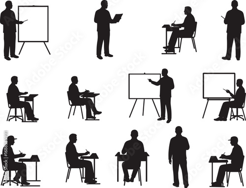 Classroom silhouette, teacher, student, writing, reading, laptop user, whiteboard presenter, academic activity, vector illustration set