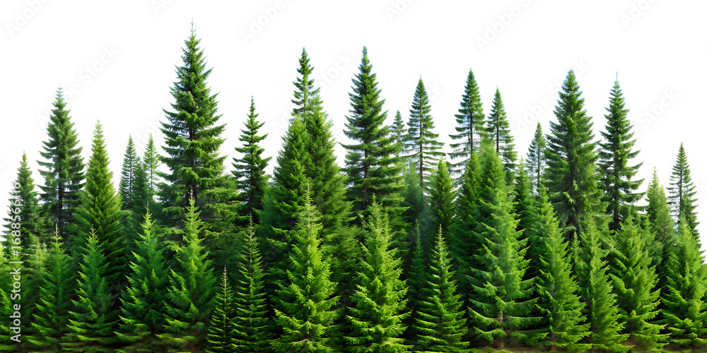 Obraz premium spruce tree forest landscape with sky isolated on white background ,PNG. AI Generated.