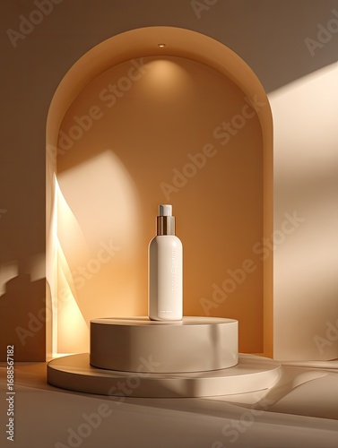 A minimalist product shot of a white cylindrical bottle with a gold top, displayed on a beige podium within an arched alcove, bathed in warm sunlight