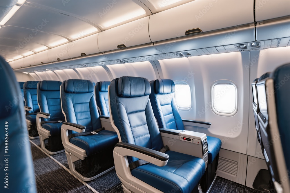 Fototapeta premium A large and spacious airplane interior showcases modern and comfortable seating designed specifically for travelers