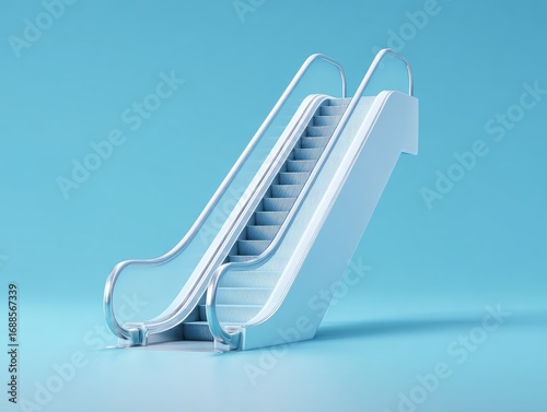 A minimalist rendering of a light-blue escalator angled gently upward against a pale-blue background, showcasing clean lines and a smooth, modern aesthetic