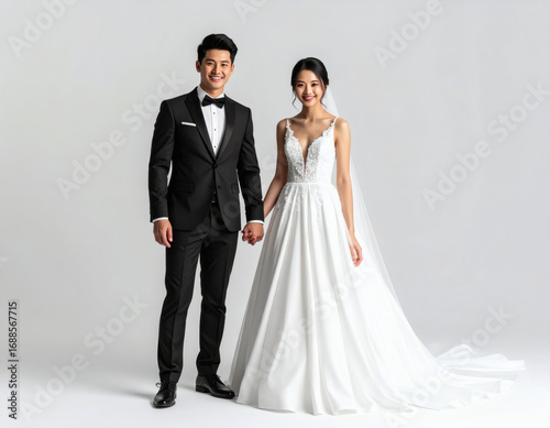 Portrait of a happy young Asian bride and groom standing together holding hands on their wedding day against a plain background