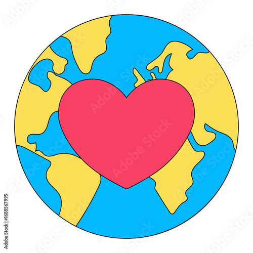 Flat Style Globe with Heart Illustration for World Love and Care Concept