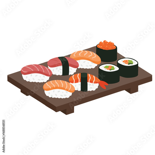 A vibrant 2D flat vector depicts a minimalist sushi platter, neatly arranging maki, nigiri, and sashimi on a rectangular plate, solid unoutlined shapes, bright colors, white background.