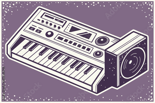Retro vector illustration of synthesizer keyboard with dual speakers design