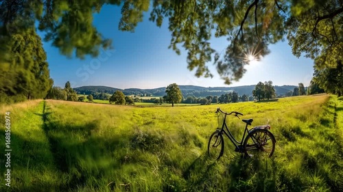 A picturesque landscape featuring a classic bicycle in a sun-drenched meadow with a vibrant green field and distant hills under a clear blue sky.