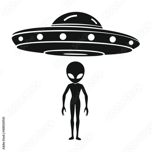 Black silhouette of alien and flying saucer extraterrestrial