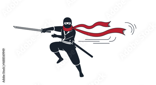 Stealthy Black Ninja Warrior with Red Scarf and Katana.