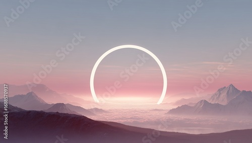 Surreal pink and blue circular portal glowing in the sky above mountains, giant white circle with god rays, cinematic symmetrical matte painting style, foggy sunset landscape with dreamy atmosphere