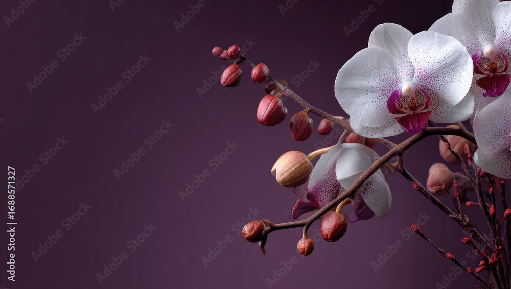 Naklejka premium Close-up of a branch of white orchids with deep purple background