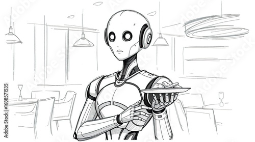 Robot Waiter Restaurant Scene.