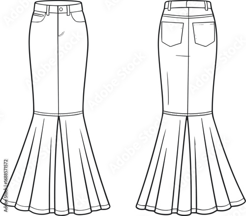 Flat sketch of mermaid denim skirt, high-waisted jean skirt with flared hem, front and back CAD technical drawing