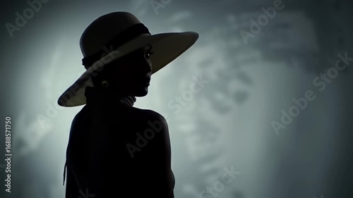 Silhouette of Woman in Beige Wide Brim Hat Against Gray Background