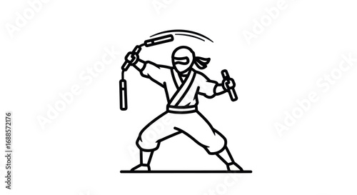 A black and white line art illustration of a ninja in a fighting stance swinging nunchucks.