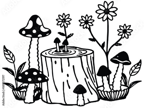 Charming Black and White Illustration of Mushrooms, Flowers, and a Tree Stump