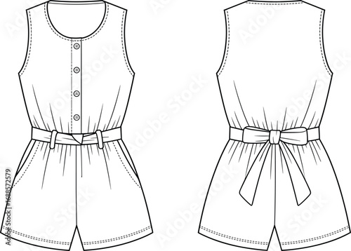 Flat sketch of women’s sleeveless romper with belt and buttons, casual fashion CAD illustration, front and back technical view