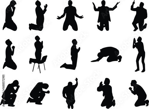 Silhouette people praying kneeling worship positions, spiritual devotion poses collection, religious faith symbols, meditation illustration, CAD drawing flat vector illustration