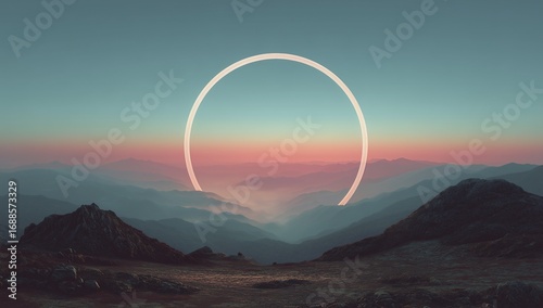 Surreal pink and blue circular portal glowing in the sky above mountains, giant white circle with god rays, cinematic symmetrical matte painting style, foggy sunset landscape with dreamy atmosphere