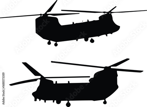 Military helicopter silhouette, Chinook aircraft vector, aviation transport illustration, army helicopter design, black shape drawing, cad drawing flat vector illustration
