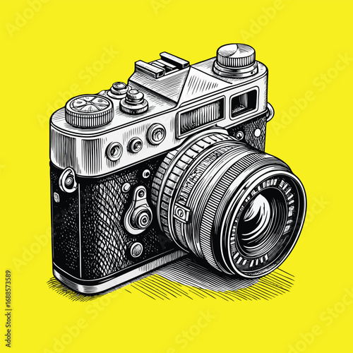 Vintage photo camera with a classic black body, lens, and a 35mm film shutter for analog photography