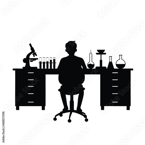 Silhouette of scientist at laboratory desk with equipment 1