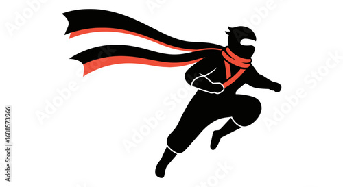 Black Ninja Silhouette with Flowing Scarf and Red Accents.
