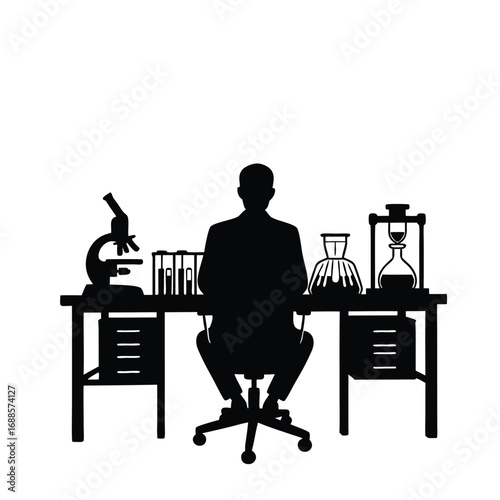 Silhouette of scientist at laboratory desk with equipment